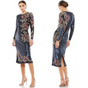 Mac Duggal Midnight Blue Sequined Floral Long Sleeve Midi Dress